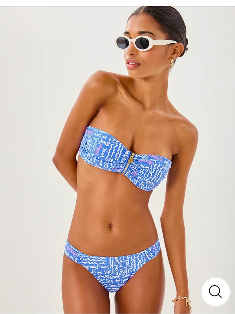 Lilly Pulitzer Blue Script Bandeau Bikini with Pink Accents